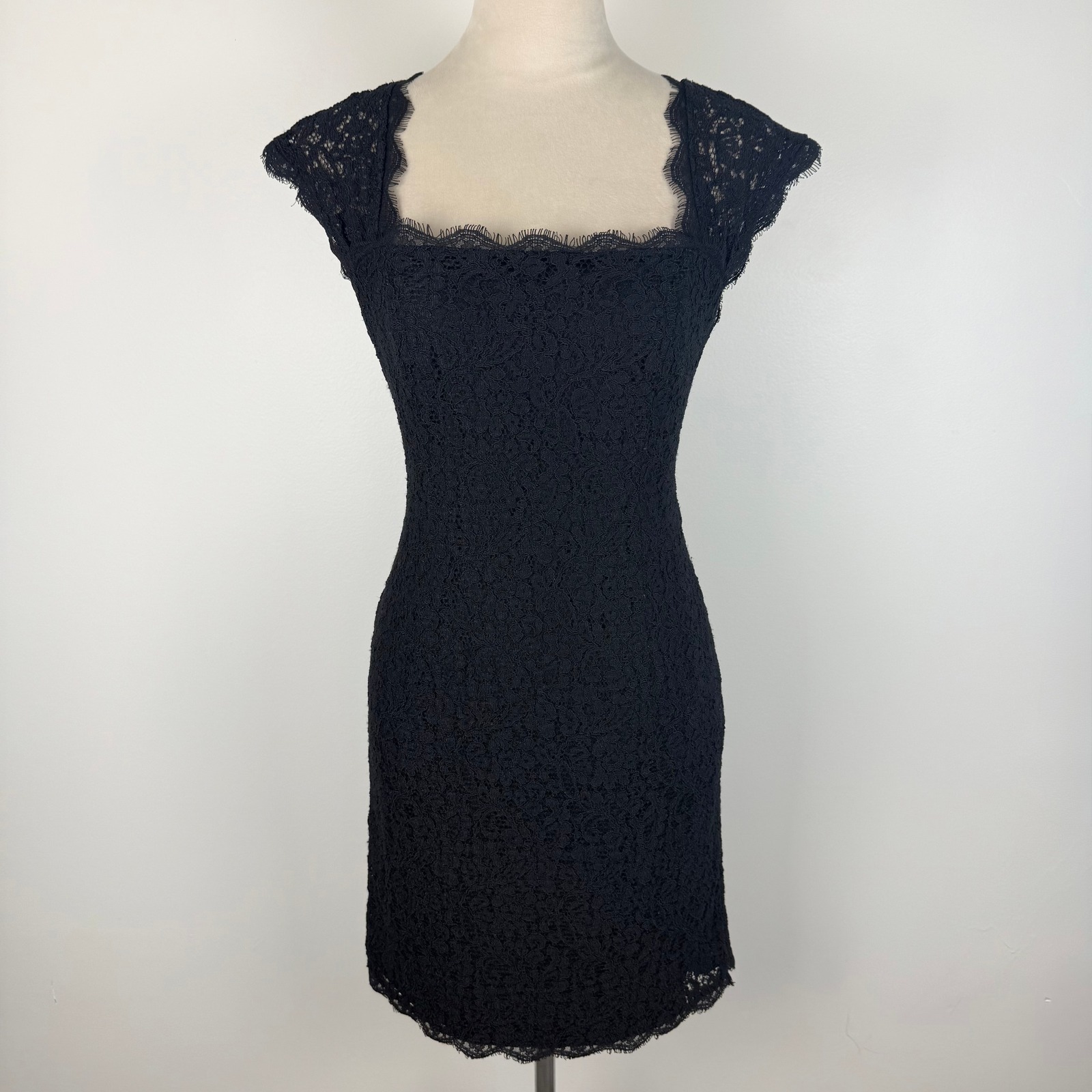 Adrianna Papell Black Lace Open Back Sheath Dress Square Neck Cap Sleeve Sz 8